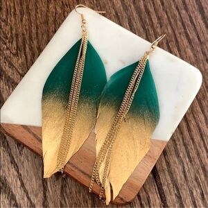 Green and Gold Feather Earrings size 5.2" drop with chain